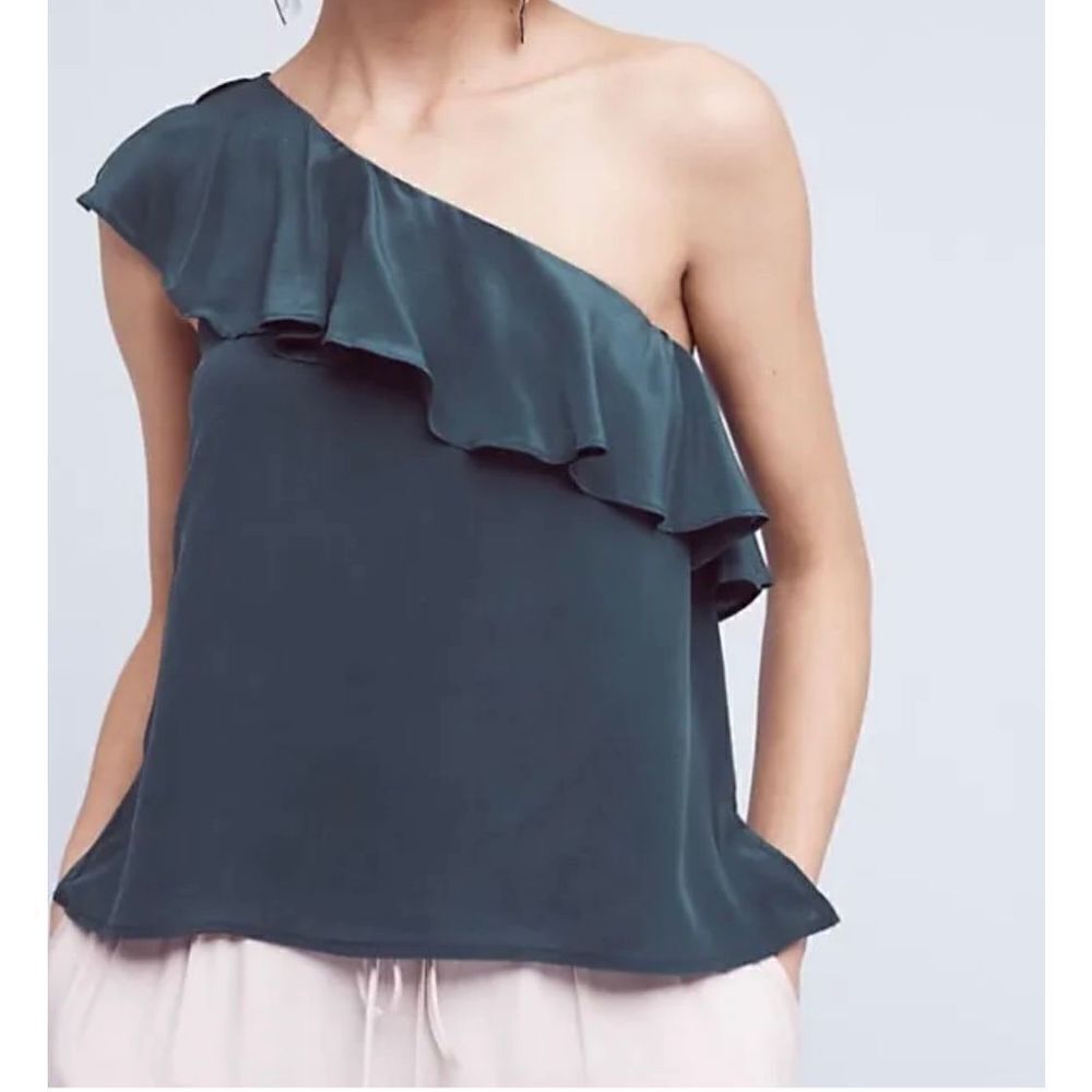 Maeve Anthropologie Holly Silk Chiffon‎ Ruffle One Shoulder Green Blouse sz 4